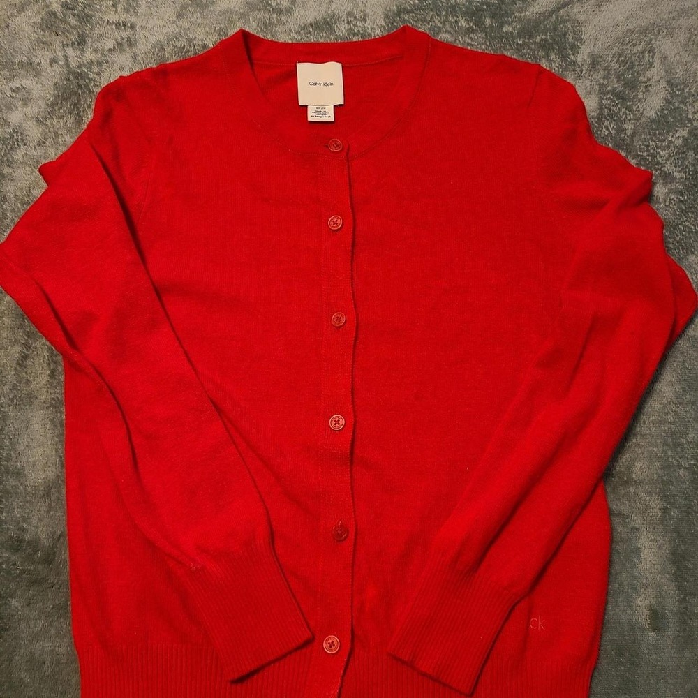 Calvin Klein Womens Red Crew Neck Button Front Cardigan Sweater Size Small
